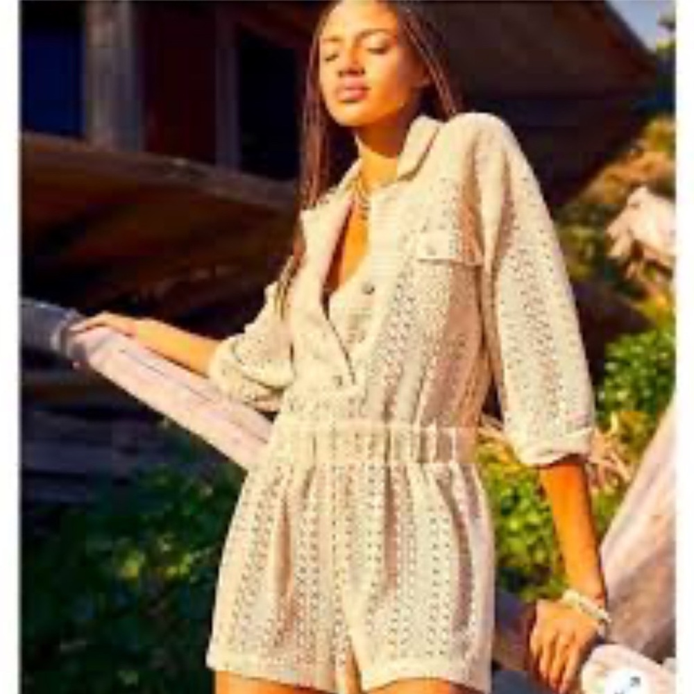 Free People Beach Ryan Knit Crochet Romper Khaki Tan Size Small